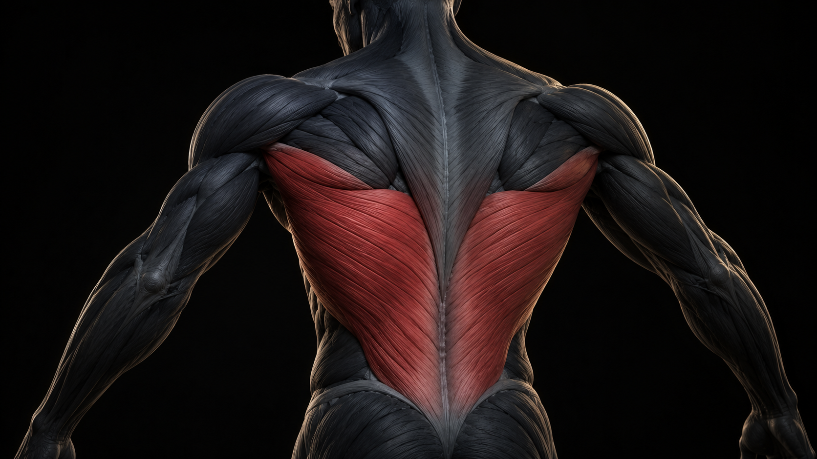 Latissimus dorsi highlighted on the posterior trunk musculature