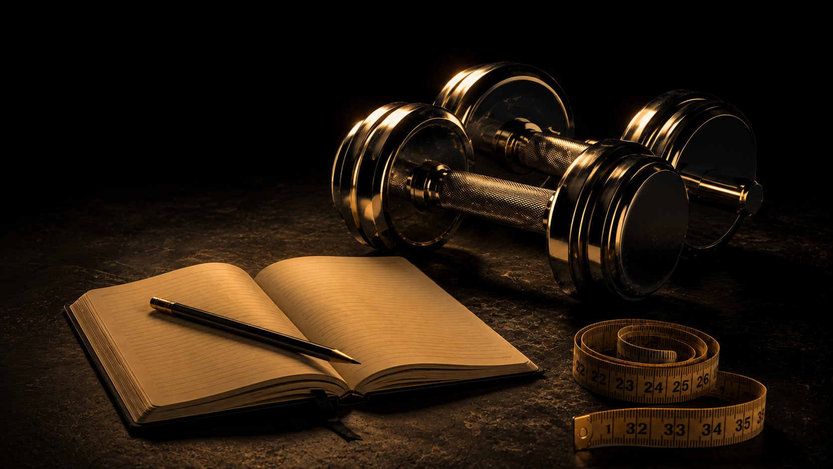 Chrome dumbbell, open notebook with a pencil and a coiled measuring tape on dark slate, lit by warm amber light