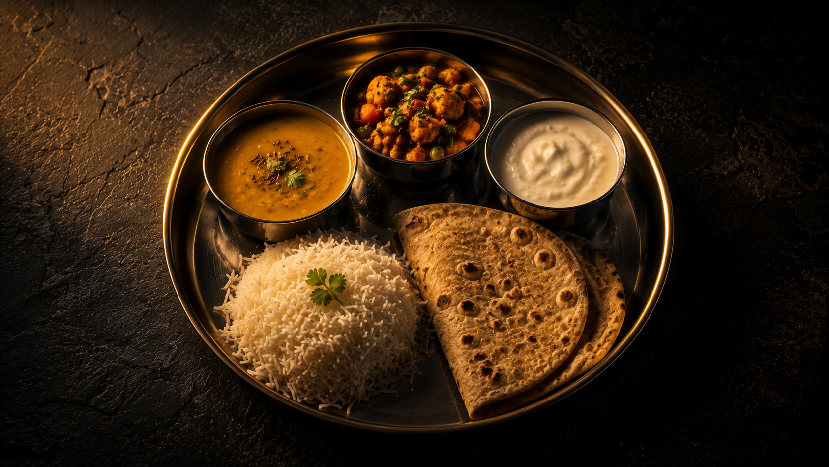 Indian steel thali with katoris of dal, sabzi and curd beside rice and two rotis, lit by warm amber light on dark slate