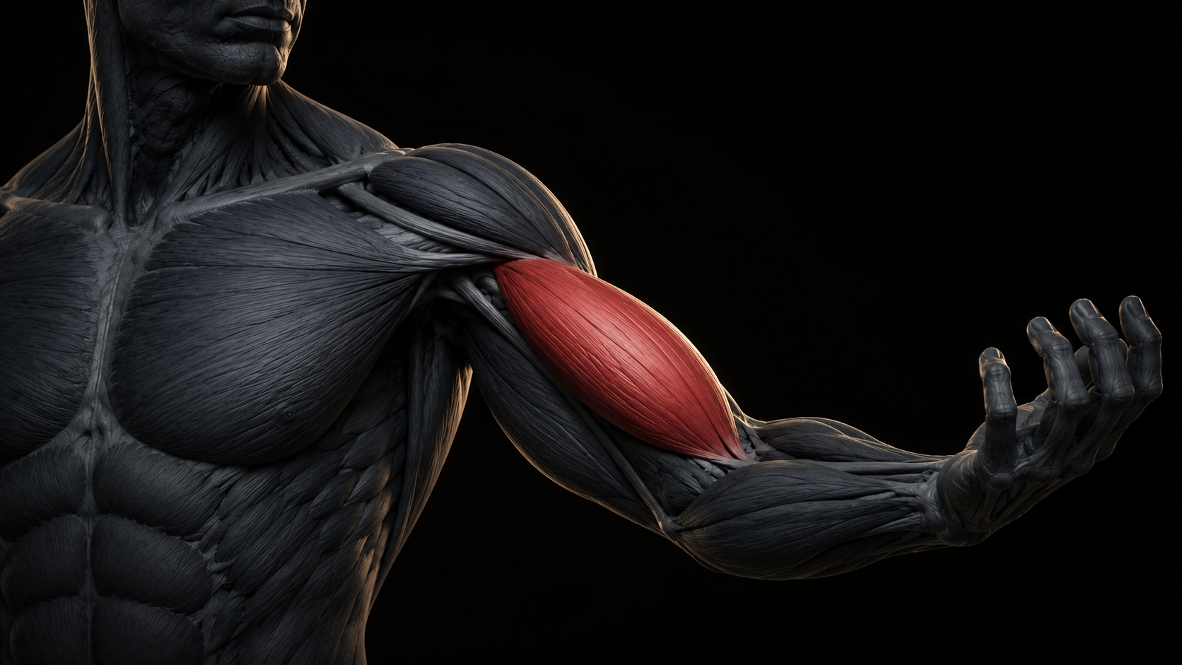 Biceps brachii highlighted on the upper arm, showing both heads