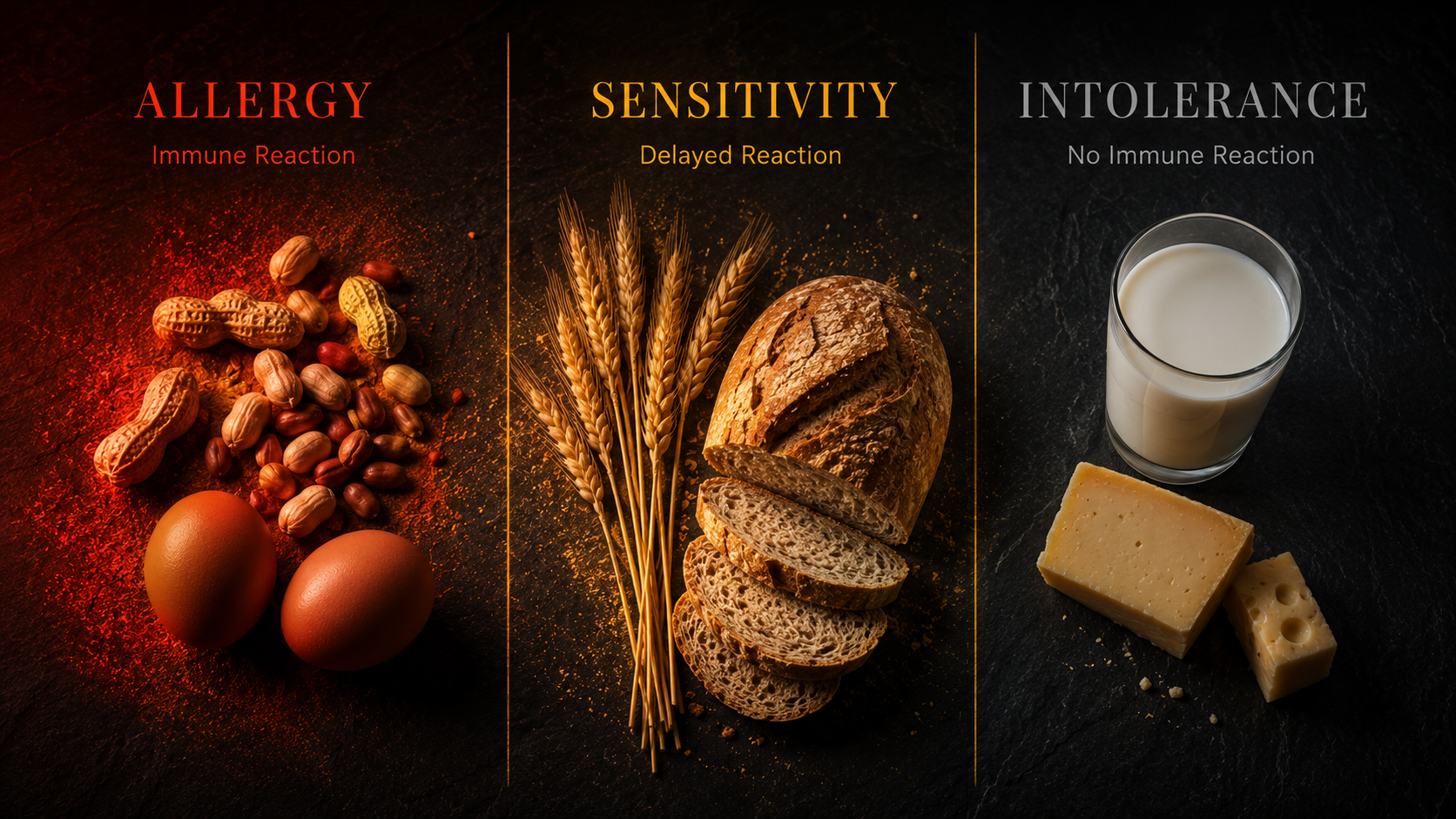 Three-panel comparison: Allergy with peanuts and eggs, Sensitivity with wheat and bread, Intolerance with milk and cheese