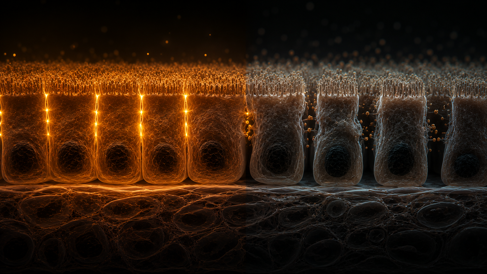 Healthy glowing gut barrier cells on left transitioning to grey damaged cells on right