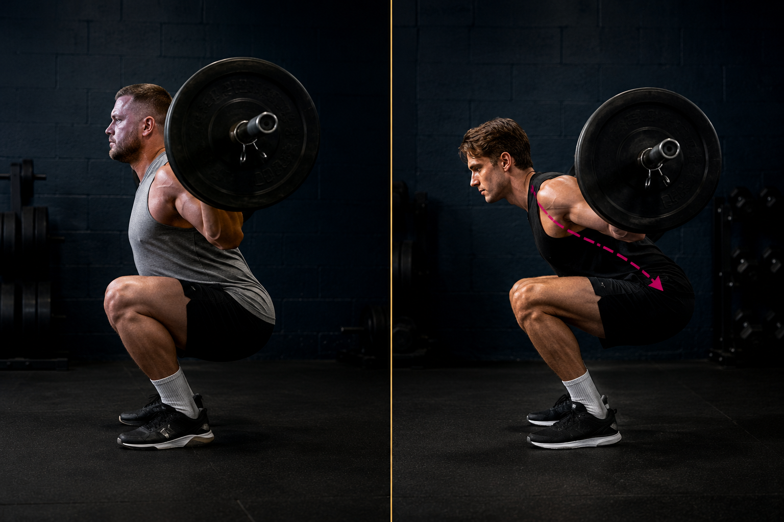 Side-by-side barbell squat comparison — one lifter upright, one leaning forward — both anatomically correct for their body type