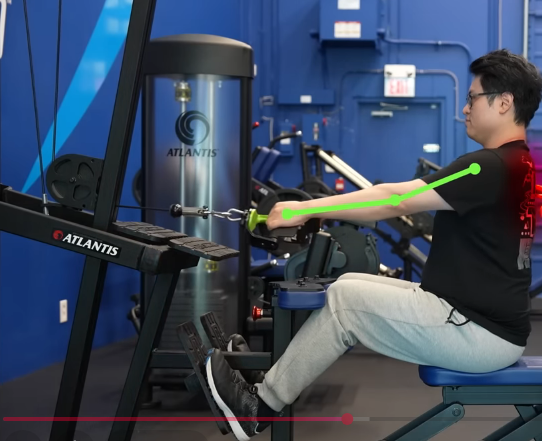 Cable row correct form — green arrow shows elbow driving back, red highlight on mid-back shows muscle engagement
