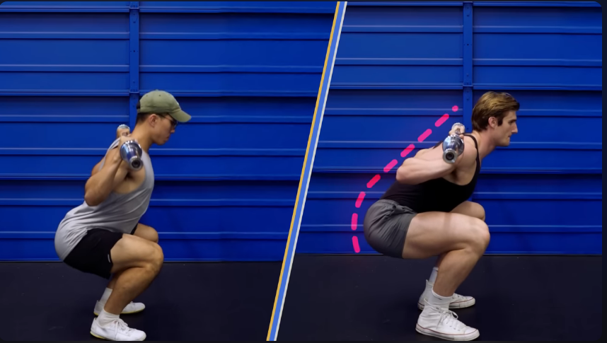 Side-by-side squat comparison: upright squat vs forward-lean squat, both anatomically correct