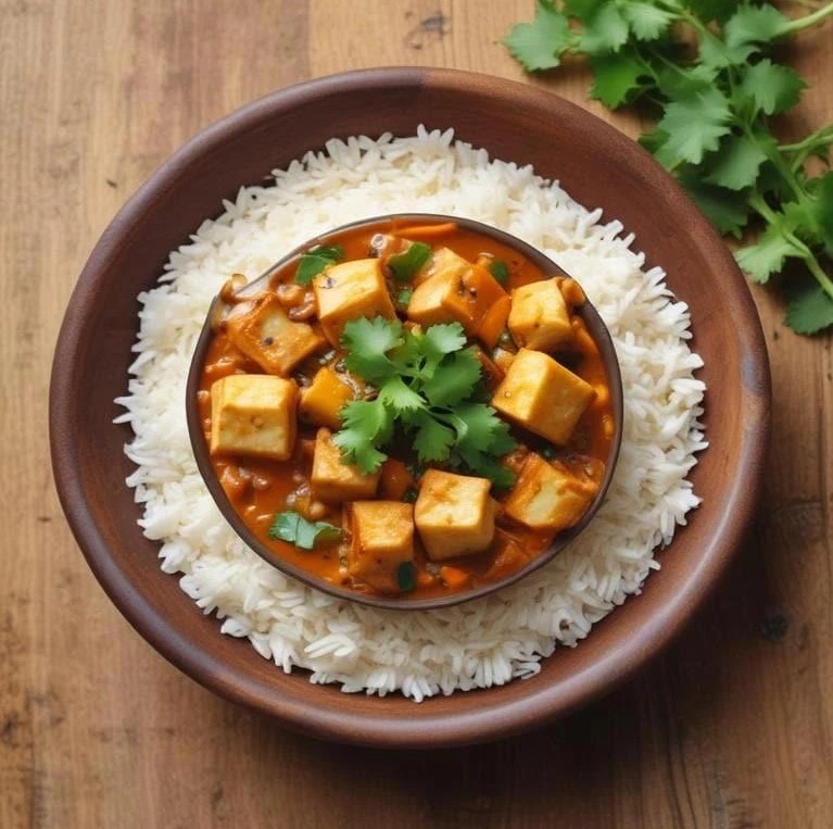 Paneer curry served over rice — a high-protein Indian vegetarian meal