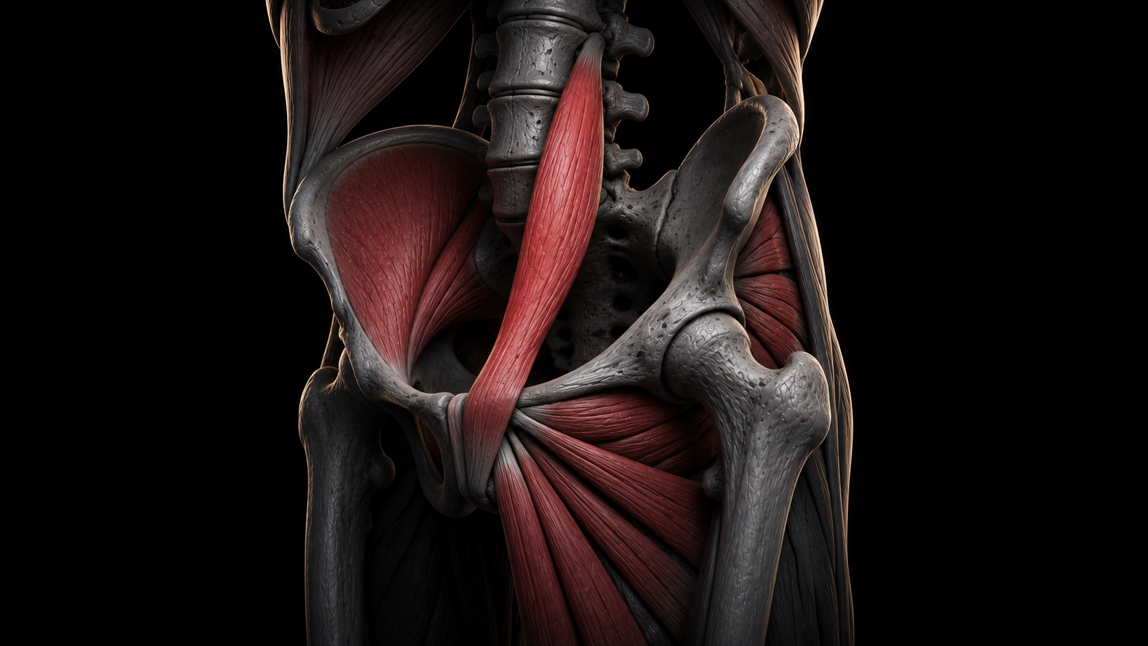 Psoas major highlighted on the lumbar spine and pelvis