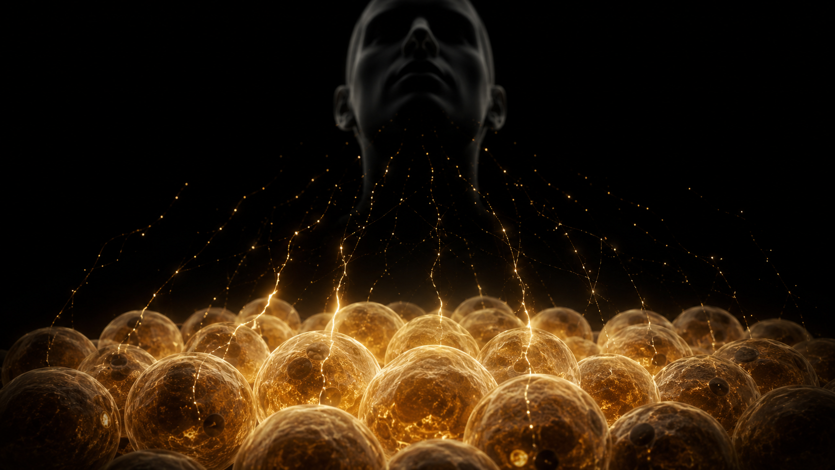 Glowing amber fat cells sending fine signal threads up toward a darkened silhouette of a head, the threads fraying before they arrive
