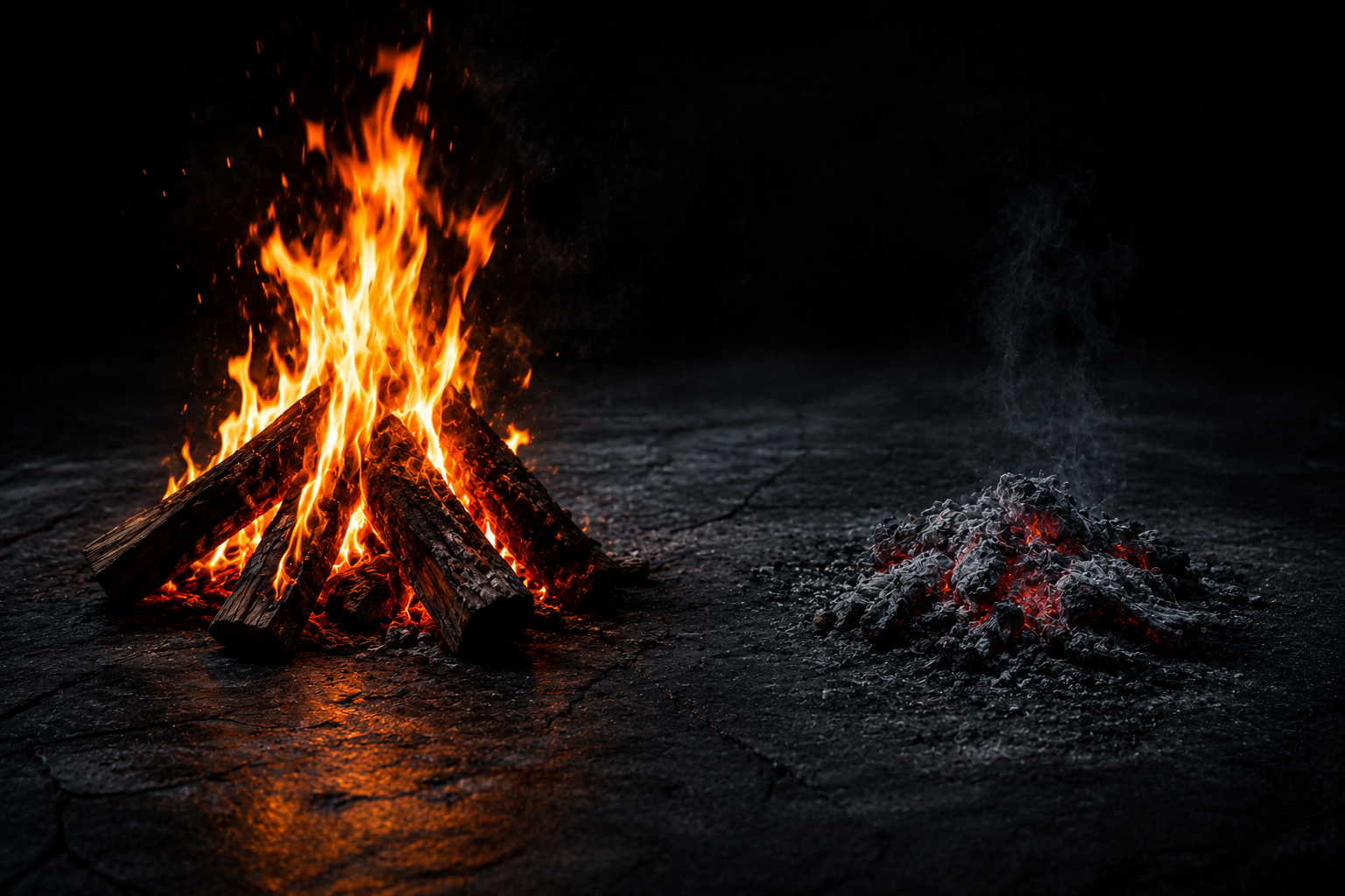 Acute inflammation as a bright roaring campfire vs chronic inflammation as a dying grey ember on a dark surface — two fires, two completely different problems