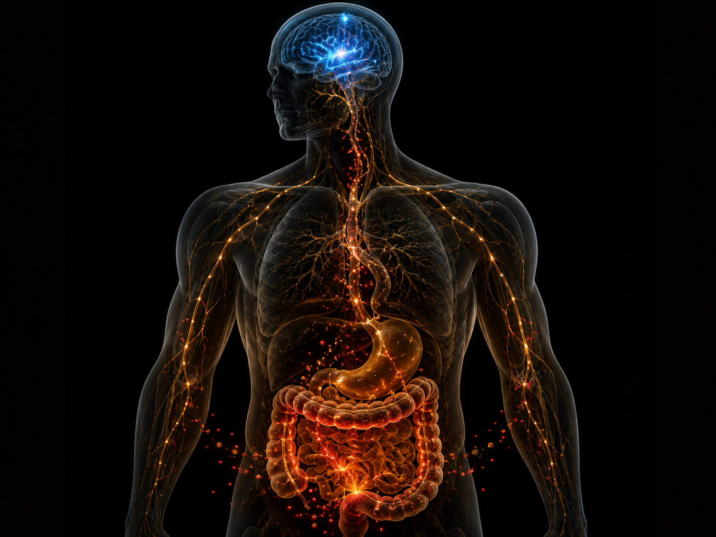 Human body silhouette showing the gut-to-brain inflammation pathway — glowing amber gut connected by luminous lines to a blue-lit brain, illustrating how leaky gut drives neuroinflammation via LPS