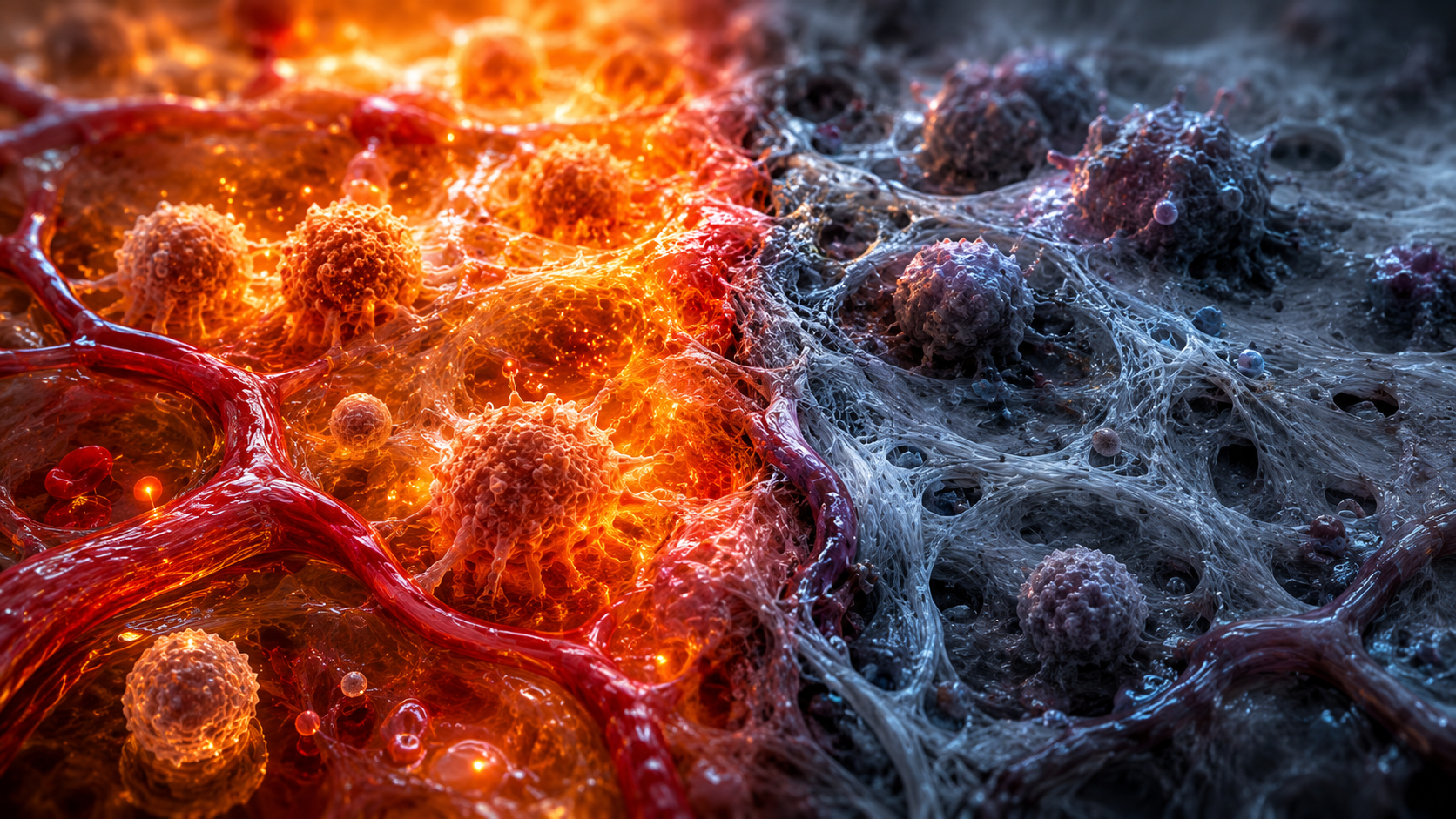 Macro split of cellular tissue — vivid orange-gold on the left representing acute healing inflammation, and cold grey-blue on the right representing silent chronic inflammation