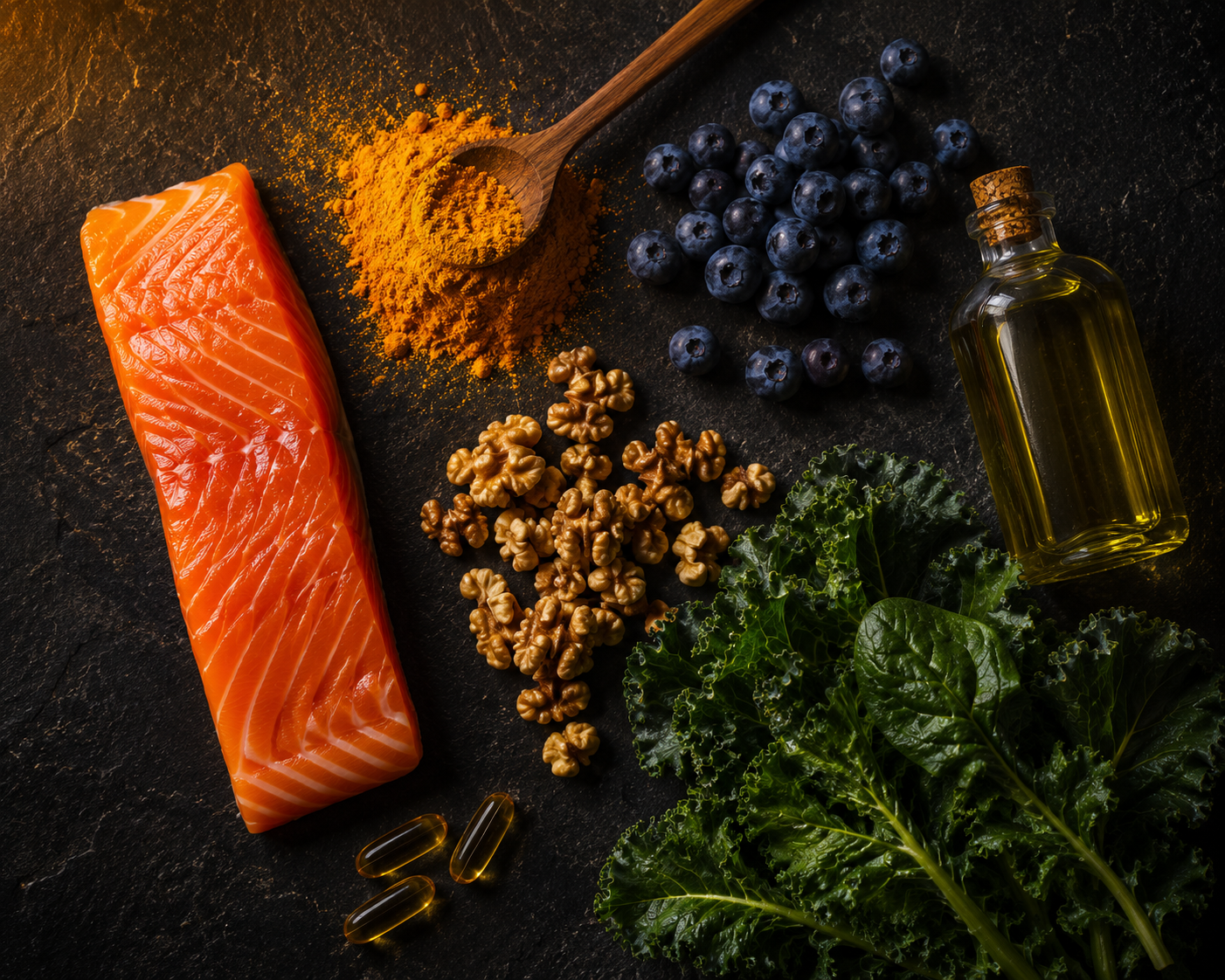 Anti-inflammatory foods arranged on a dark slate surface — wild salmon, turmeric, blueberries, walnuts, kale, olive oil, and omega-3 capsules. The dietary foundation for resolving chronic inflammation.