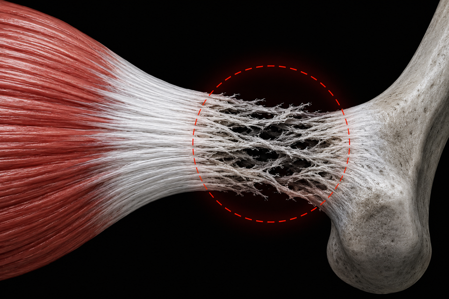 Anatomical diagram showing a muscle body connected to a healthy tendon with parallel collagen fibres, transitioning into a disrupted damaged region before attaching to bone