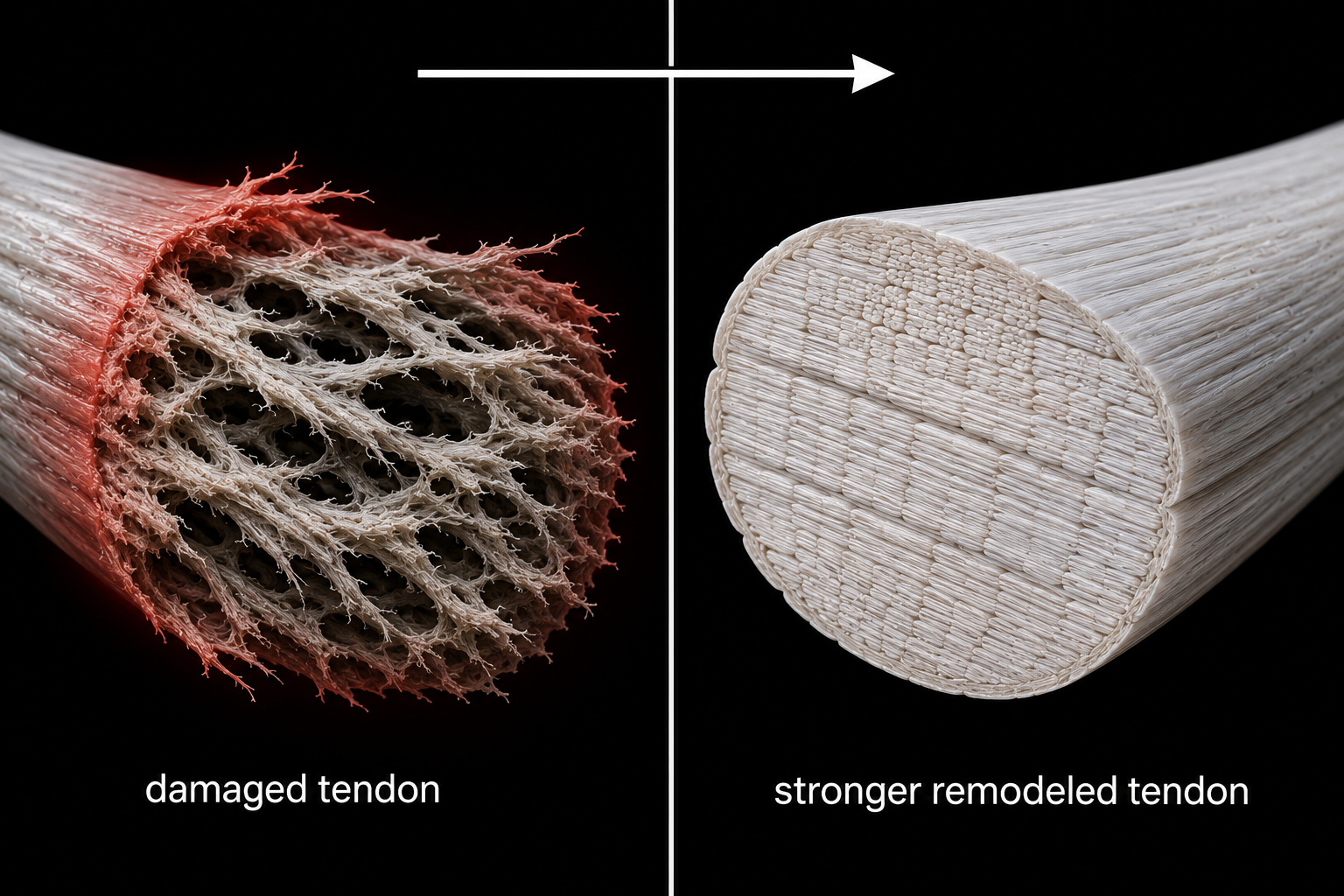 Split-panel illustration showing a damaged tendon with frayed, disorganised collagen fibres versus a stronger remodeled tendon with tight, parallel fibres